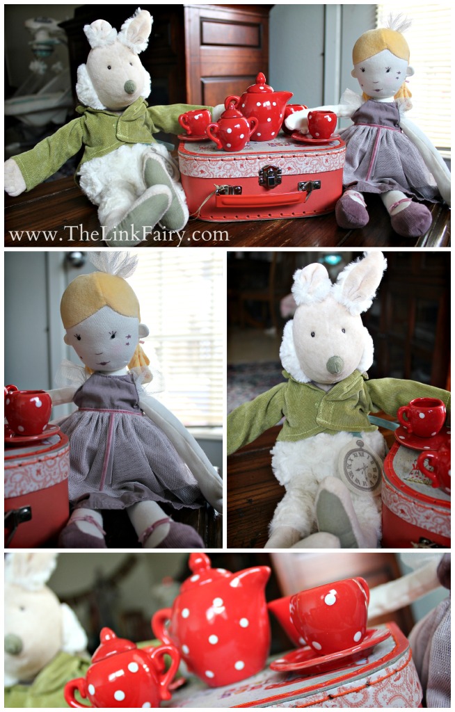 Moulin Roty Alice's Rabbit Doll and La Princesse Enchantée Doll and red ceramic tea set